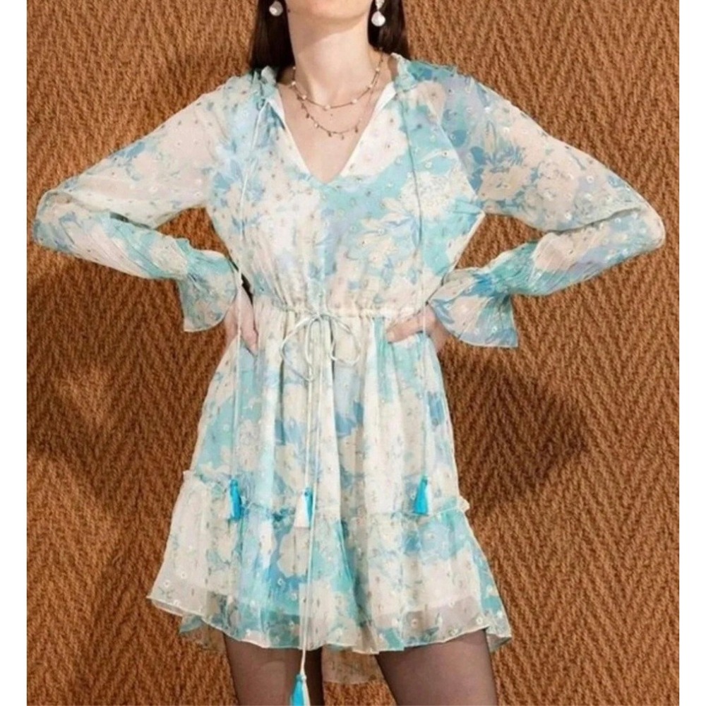 Hemant and Nandita Blue Floral Metallic Lurex Tassel Mini Dress Size Small